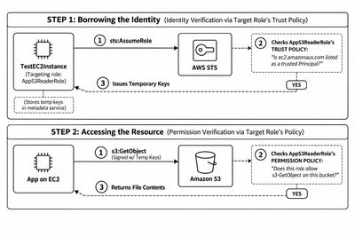 Two-step flow: EC2 assumes AppS3ReaderRole via STS (trust policy check), then reads from S3 (permission policy check)