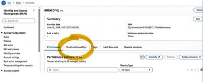 AWS Console showing the Trust relationships tab of an IAM Role